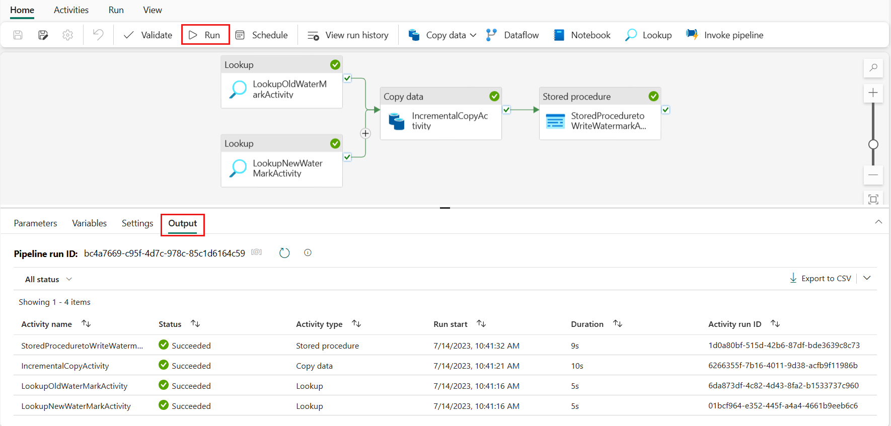 Screenshot showing pipeline run results.