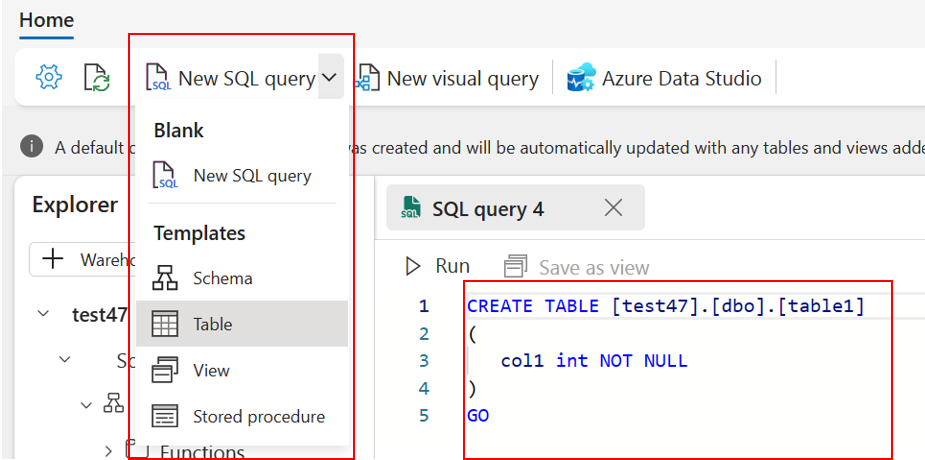 Snímek obrazovky se šablonou pro vytvoření nové tabulky v editoru dotazů SQL
