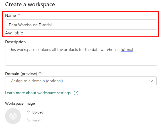 Screenshot of the Create a workspace dialog box, showing where to enter the new workspace name.