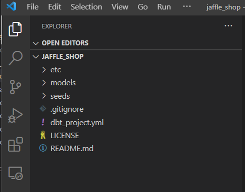 Snímek obrazovky z editoru Visual Studio Code zobrazující otevřený projekt