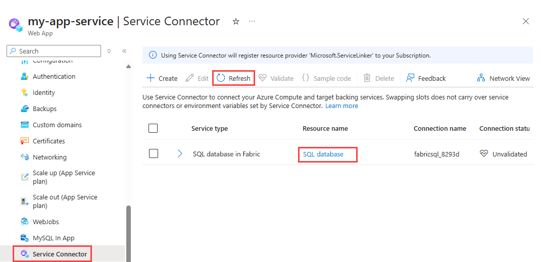 Snímek obrazovky webu Azure Portal s odkazem na databázi SQL