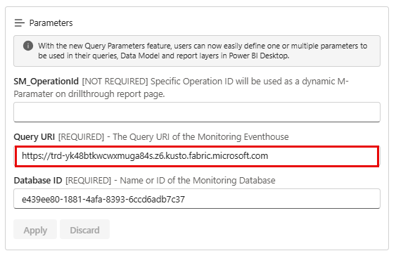 Snímek obrazovky s polem identifikátoru URI dotazu v nastavení parametrů