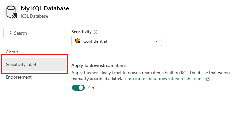 Screenshot of the sensitivity label side pane for items in Fabric.