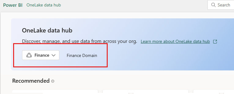 Screenshot of the domains selector in the OneLake data hub.