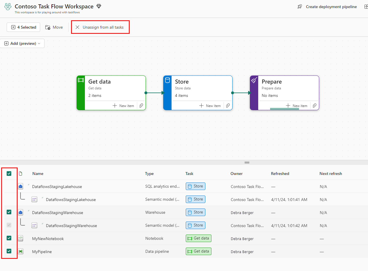 Snímek obrazovky znázorňující, jak zrušit přiřazení položek ze všech úkolů