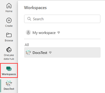 Snímek obrazovky s levou nabídkou uživatelského rozhraní, která zobrazuje rozevírací nabídku s ikonou s názvem Pracovní prostory Ikona pracovních prostorů je zvýrazněná.