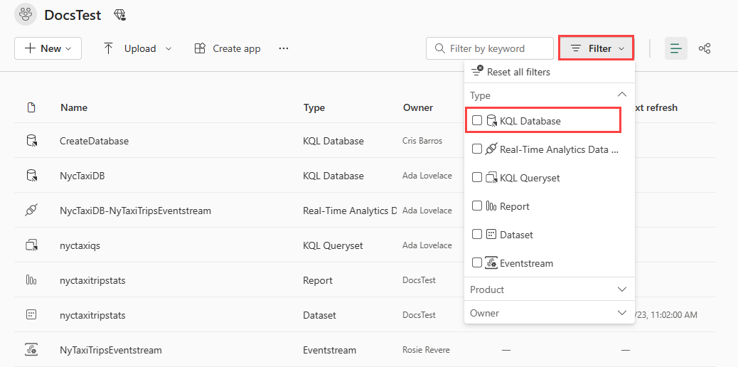 Snímek obrazovky s podoknem pracovního prostoru, který zobrazuje rozevírací nabídku s možností pásu karet pracovního prostoru s názvem Filtr Je vybrána položka rozevíracího seznamu s názvem Databáze KQL. Zvýrazněná je možnost Filtr i databáze KQL.