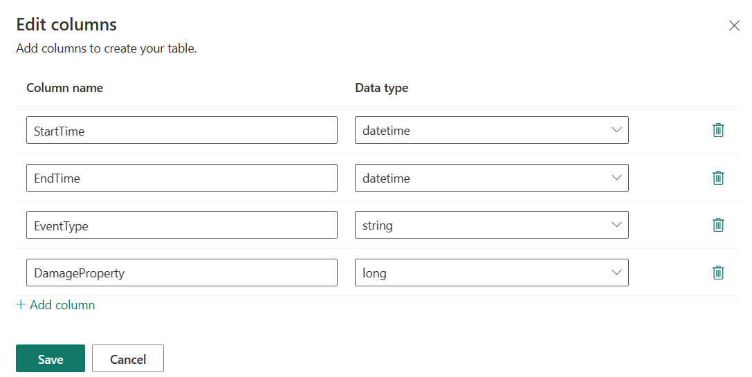 Snímek obrazovky okna Upravit sloupce s vyplněnými názvy sloupců a jejich datovým typem v průvodci novou tabulkou v Real-Time Analytics