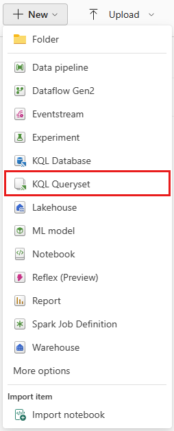 Screenshot of adding a new KQL queryset from workspace homepage.