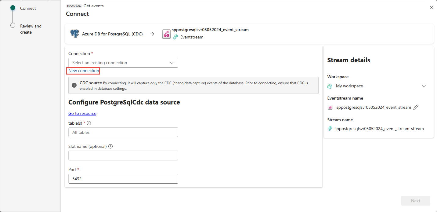 Snímek obrazovky se stránkou Připojení pro databázi Azure PostgreSQL se zvýrazněným odkazem na nové připojení