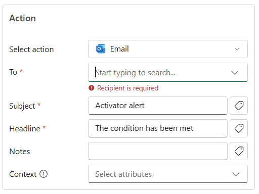 Snímek obrazovky s oddílem Odeslat e-mailové oznámení v podokně Přidat pravidlo