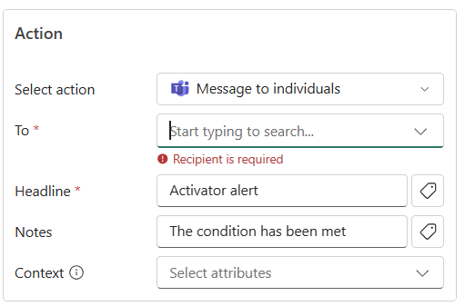 Snímek obrazovky části pro odesílání oznámení v Microsoft Teams v podokně Přidat pravidlo