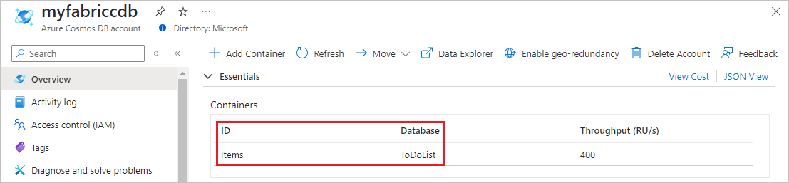 Snímek obrazovky s výpisem kontejnerů pro účet rozhraní NOSQL API služby Azure Cosmos DB