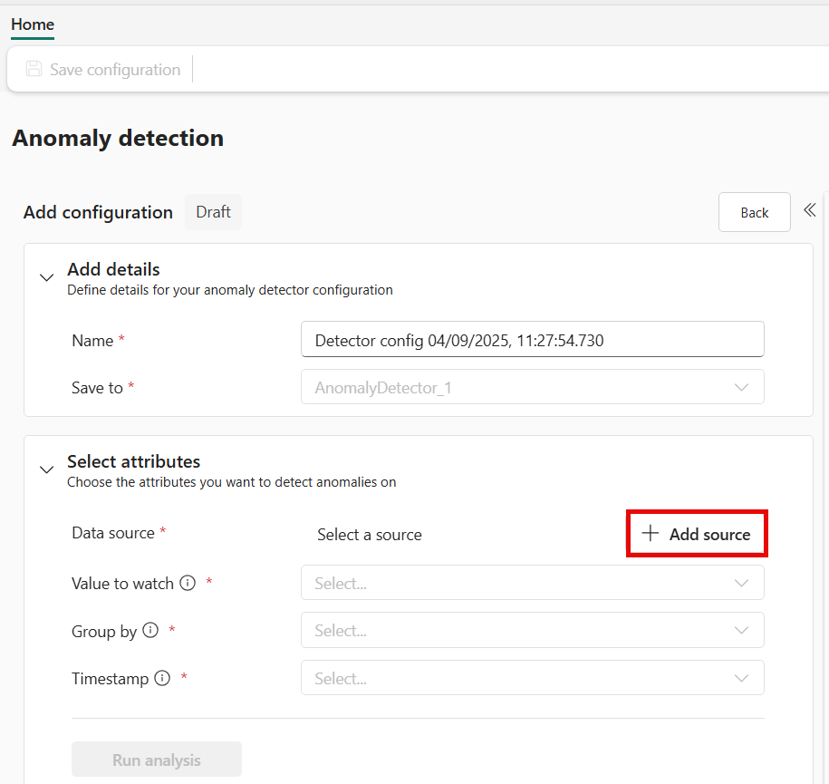 Snímek obrazovky s podoknem konfigurace detekce anomálií se zvýrazněnou možností Zdroj dat