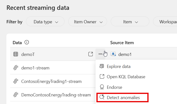 Snímek obrazovky centra Real-Time s tabulkou vybranou pro detekci anomálií