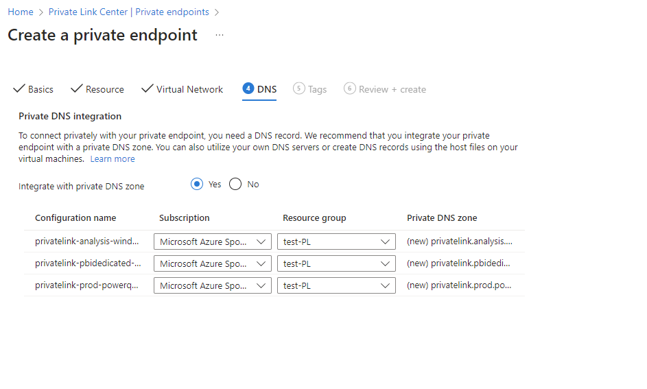 Snímek obrazovky s oknem DNS pro vytvoření privátního koncového bodu