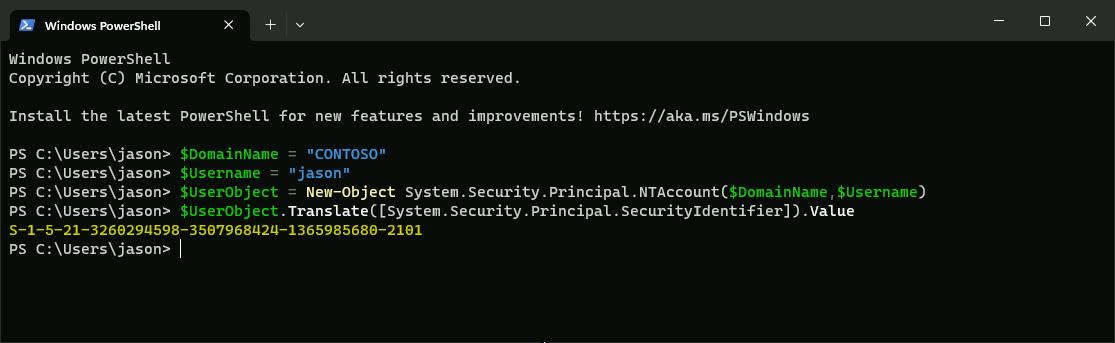PowerShell user to s i d