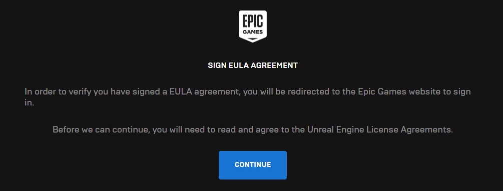 Screenshot of prompt to sign the EULA agreement for Epic Games