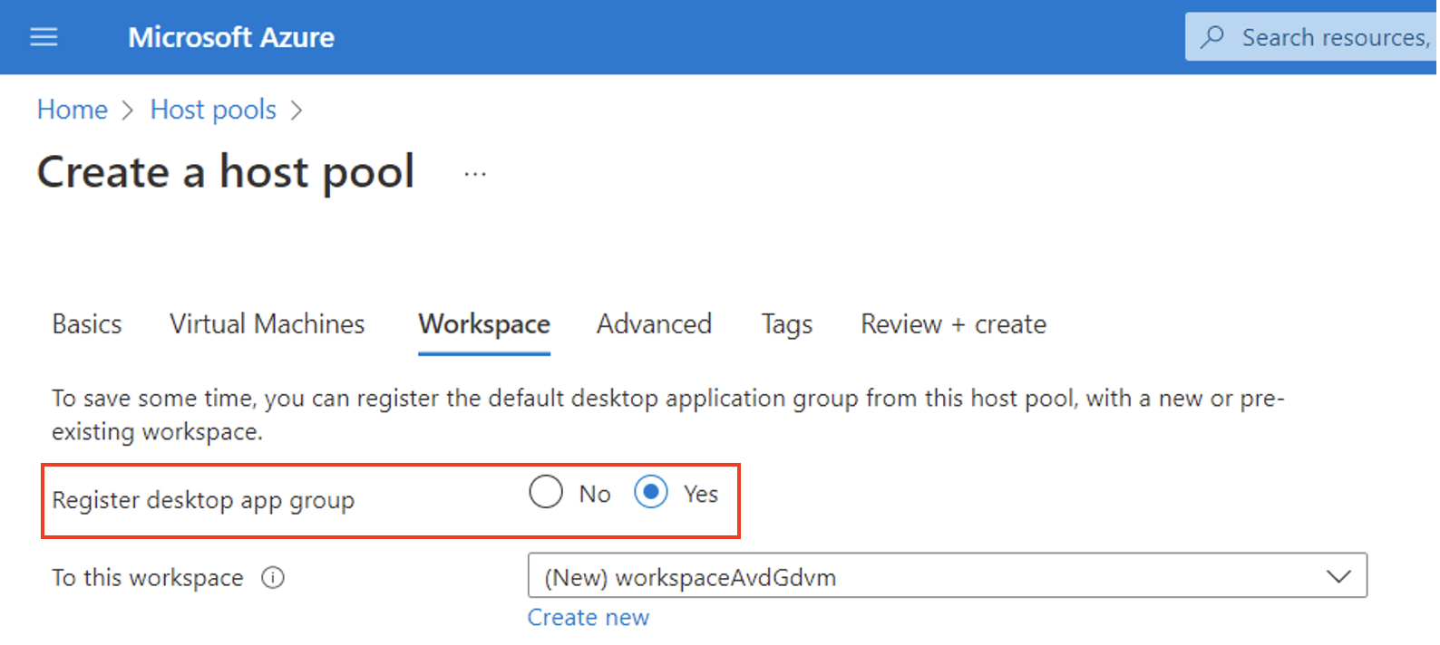 Screenshot showing to select yes to register a desktop app group