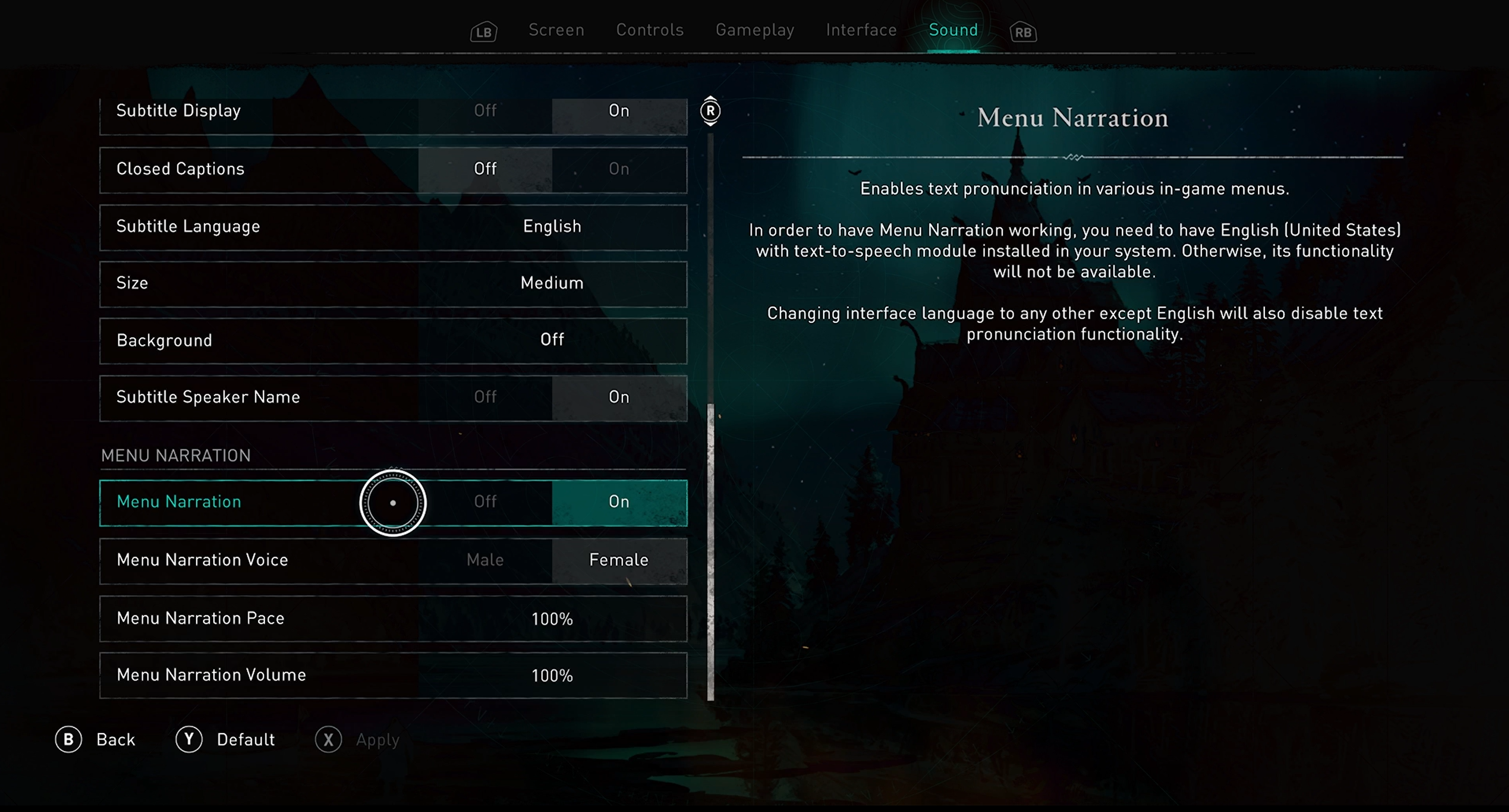 Assassin's Creed Valhalla snímek obrazovky v nabídce Zvuk ve hře. Fokus je na nastavení Tempa mluveného komentáře nabídky, které je nastaveno na 100%.