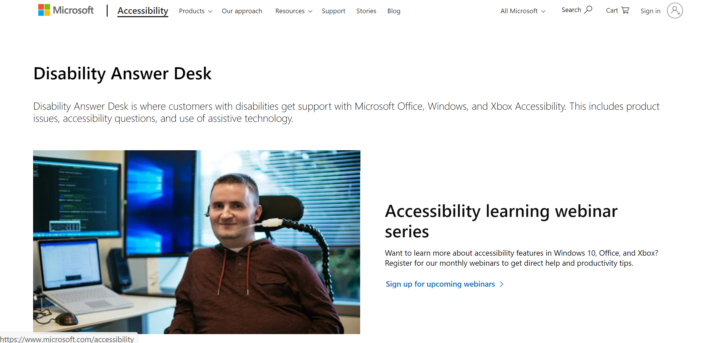 Snímek obrazovky webu Microsoft Disability Answer Desk. 