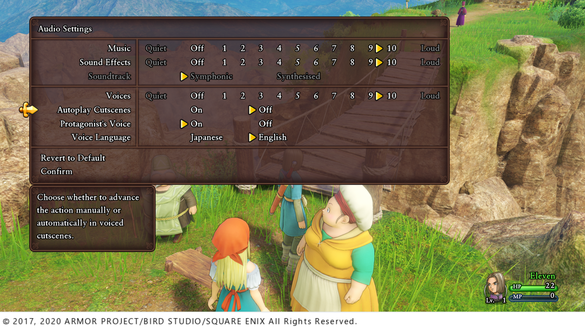 Dragon Quest XI S: Echoes of an Elusive Age snímek obrazovky nastavení zvuku, kde je nastavení přehrávání cutscén nastaveno na vypnuto. Na spodní části obrazovky uvádí autorská práva 