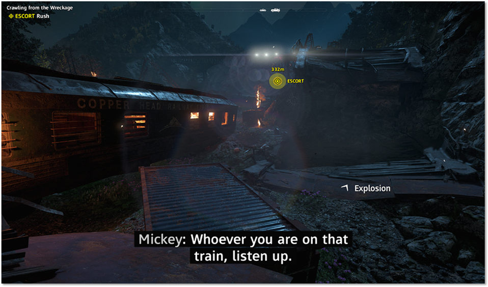 Snímek obrazovky Far Cry: New Dawn zobrazující směrovou pomůcku šipky v 3D prostředí