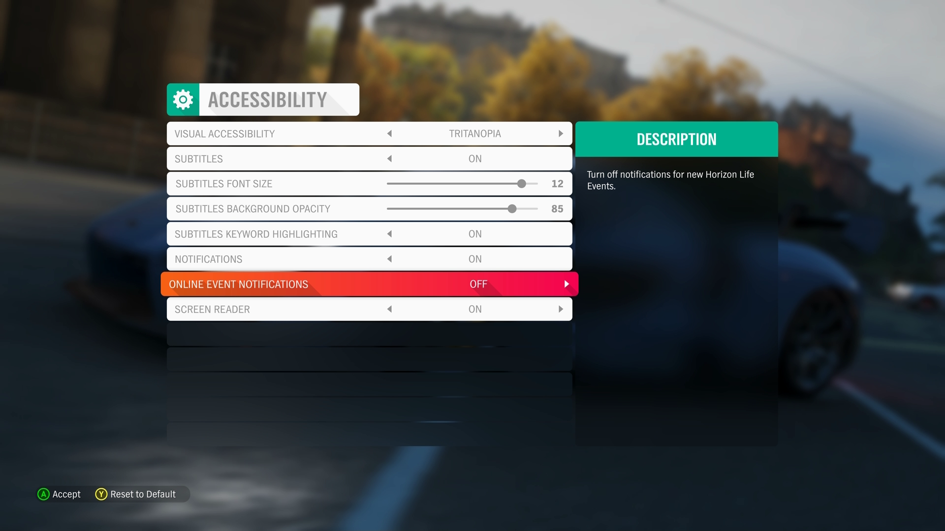 Snímek obrazovky s nabídkou nastavení přístupnosti ve Forza Horizon 4. Fokus je na kartě 