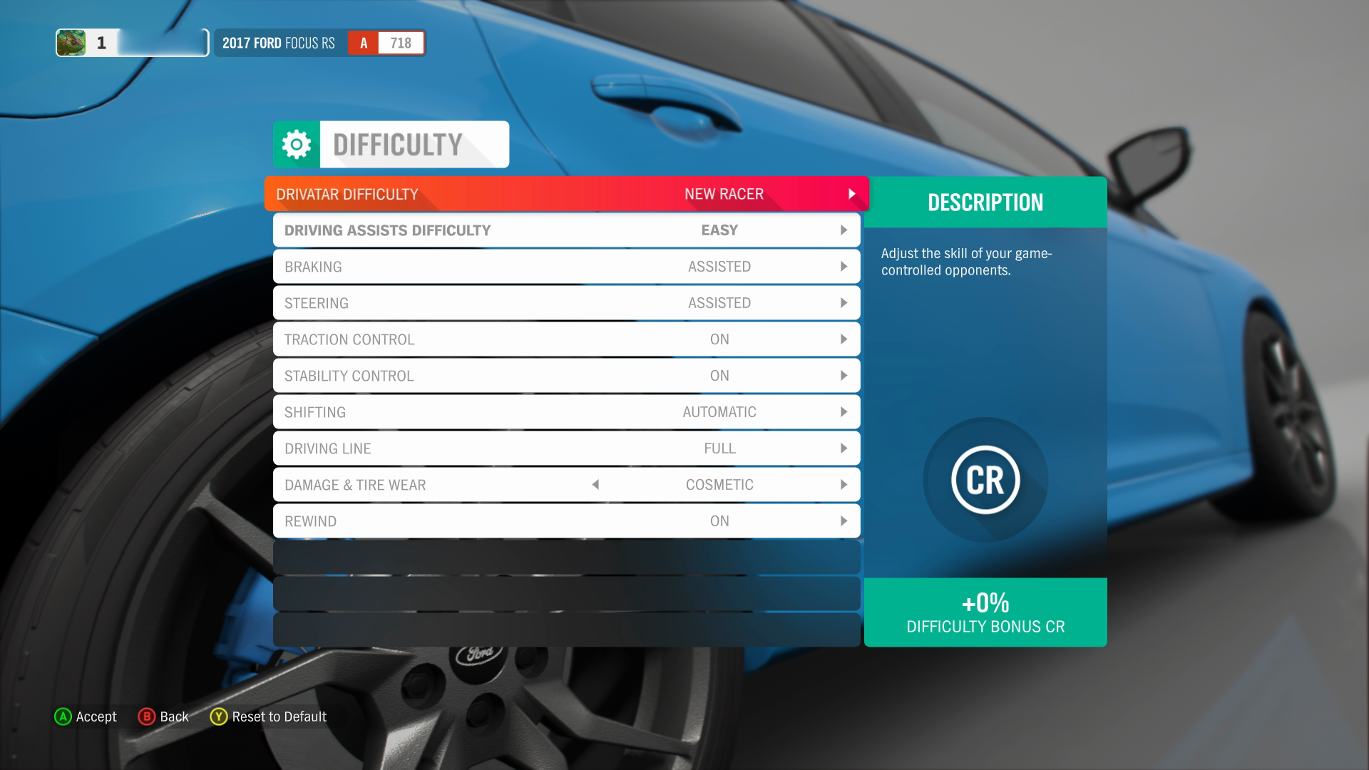 Snímek obrazovky s nabídkou nastavení obtížnosti Forza Horizon 4 V jednom svislém sloupci je uspořádaných devět položek.