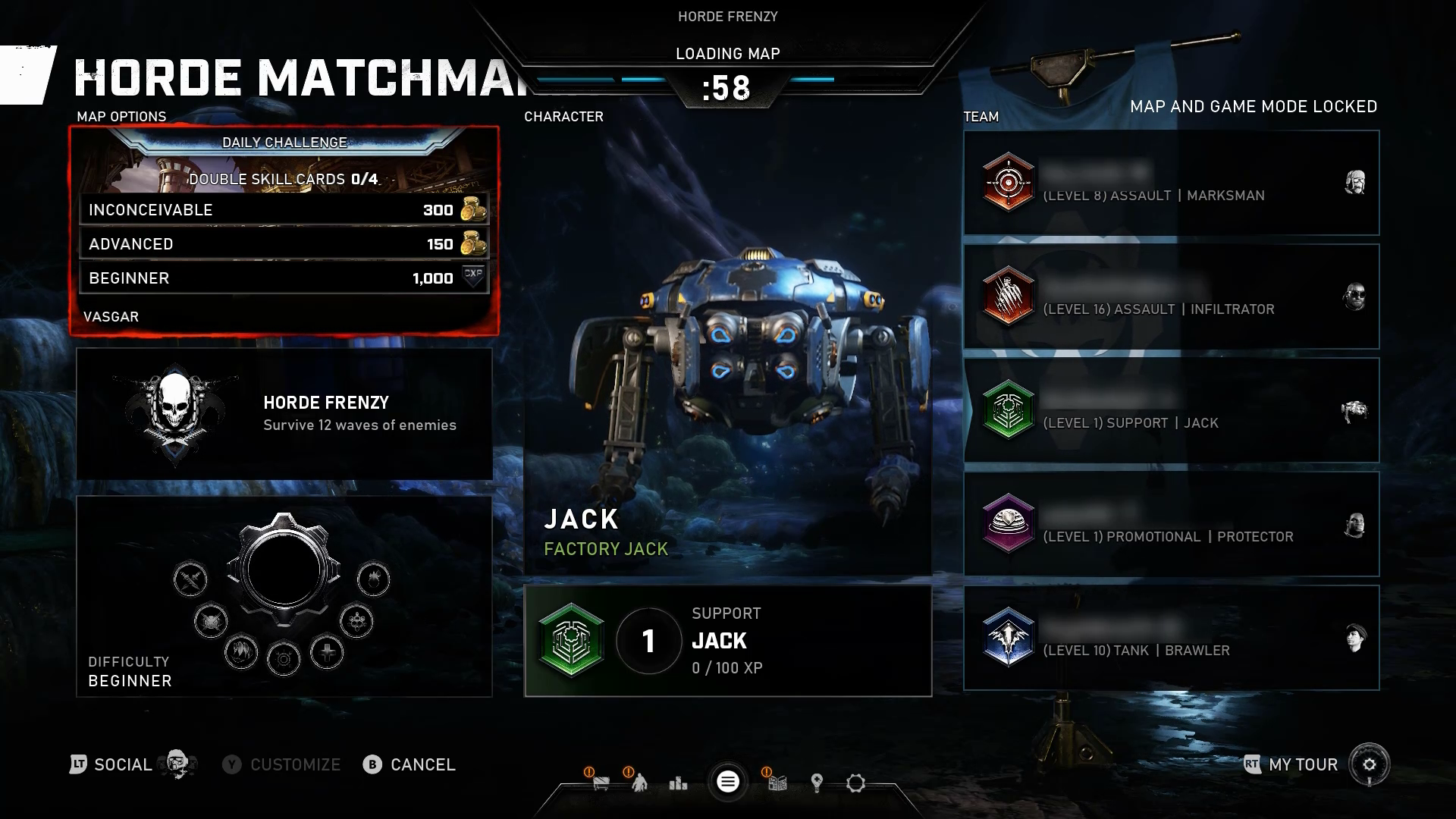 Snímek obrazovky z Gears 5 z obrazovky lobby pro režim Horda.