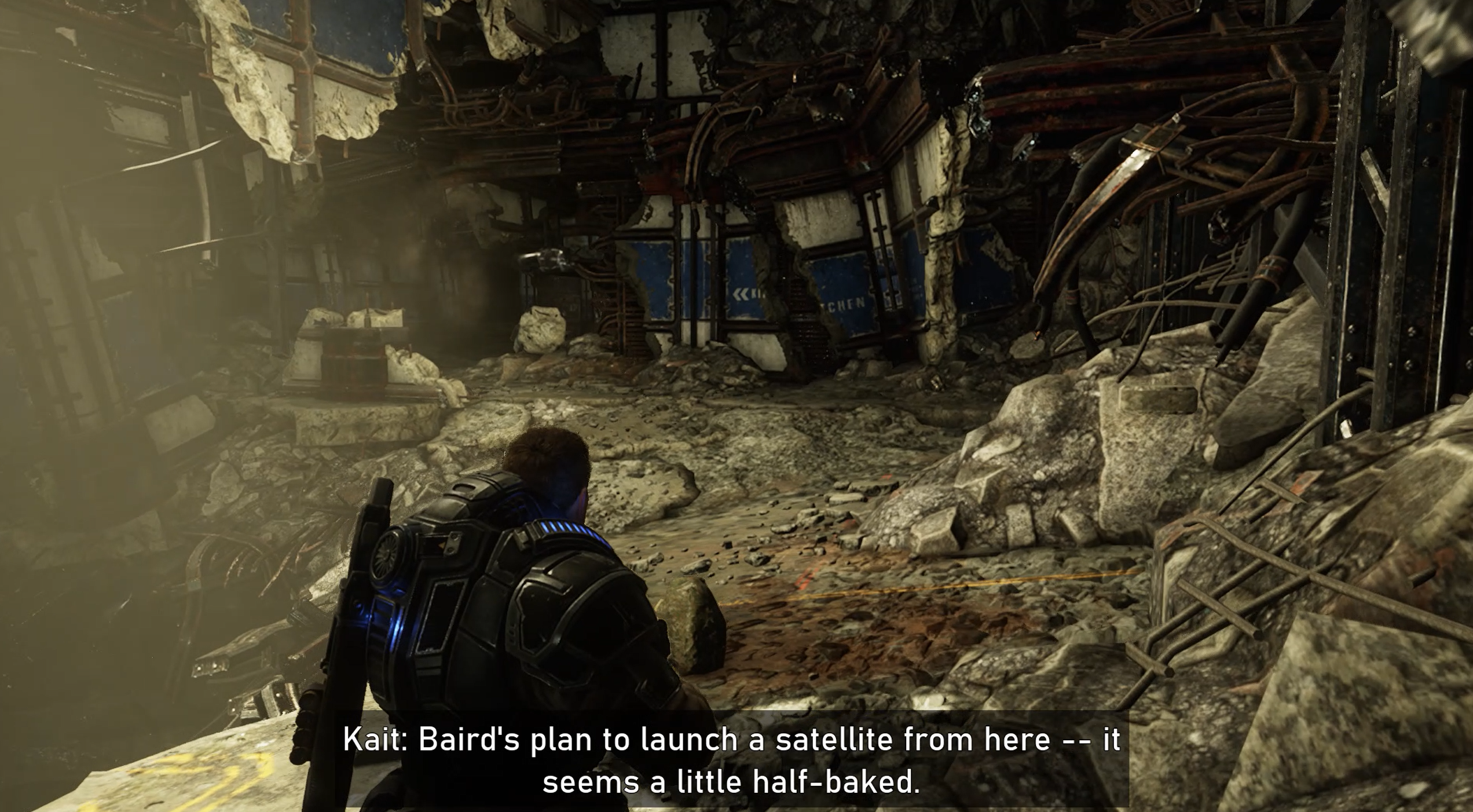 Titulek s velkým textem přes poloprůhledné pozadí během aktivního hraní v Gears 5, na kterém je napsáno 
