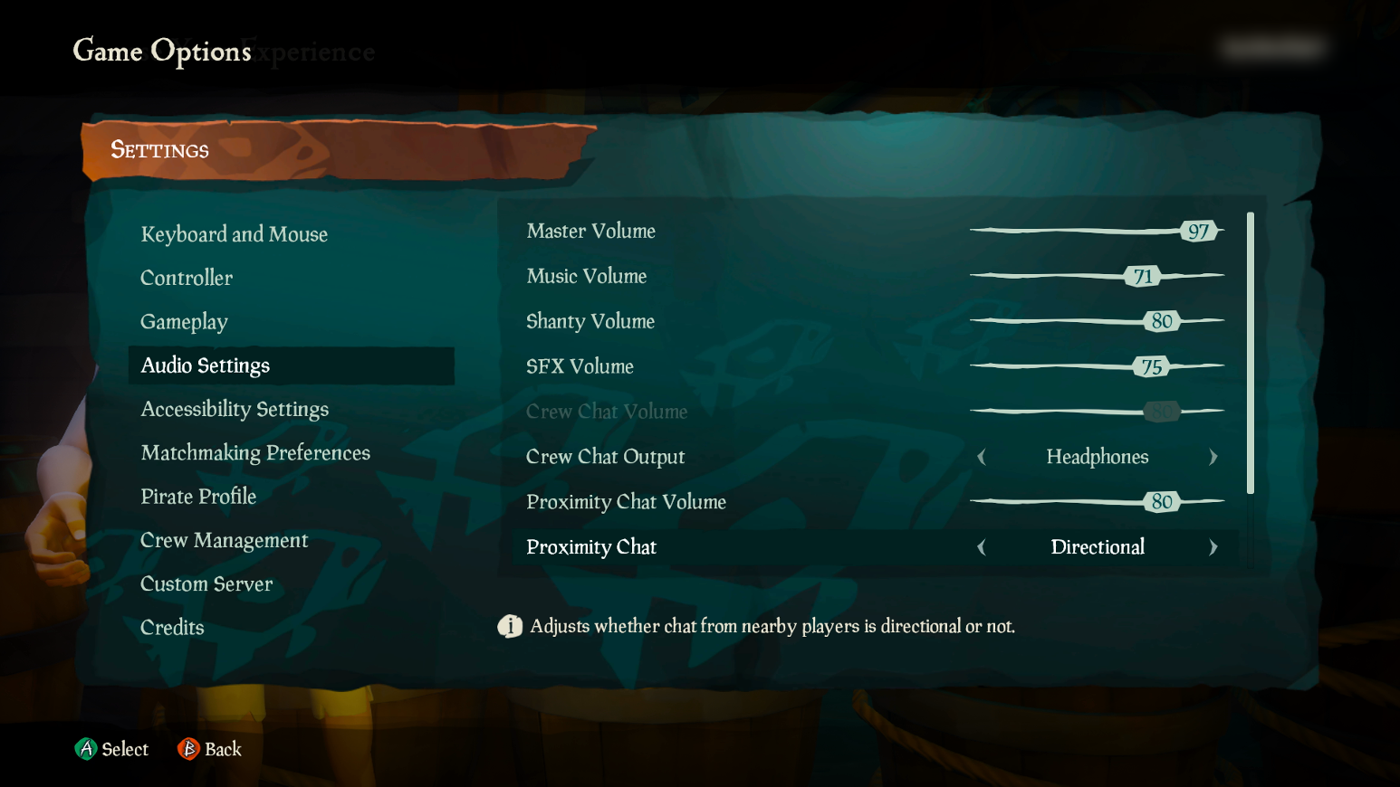 Nabídka nastavení zvuku v Sea of Thieves. Hráč se zaměřuje na nastavení chatu v blízkosti. Je nastaveno na směrový.