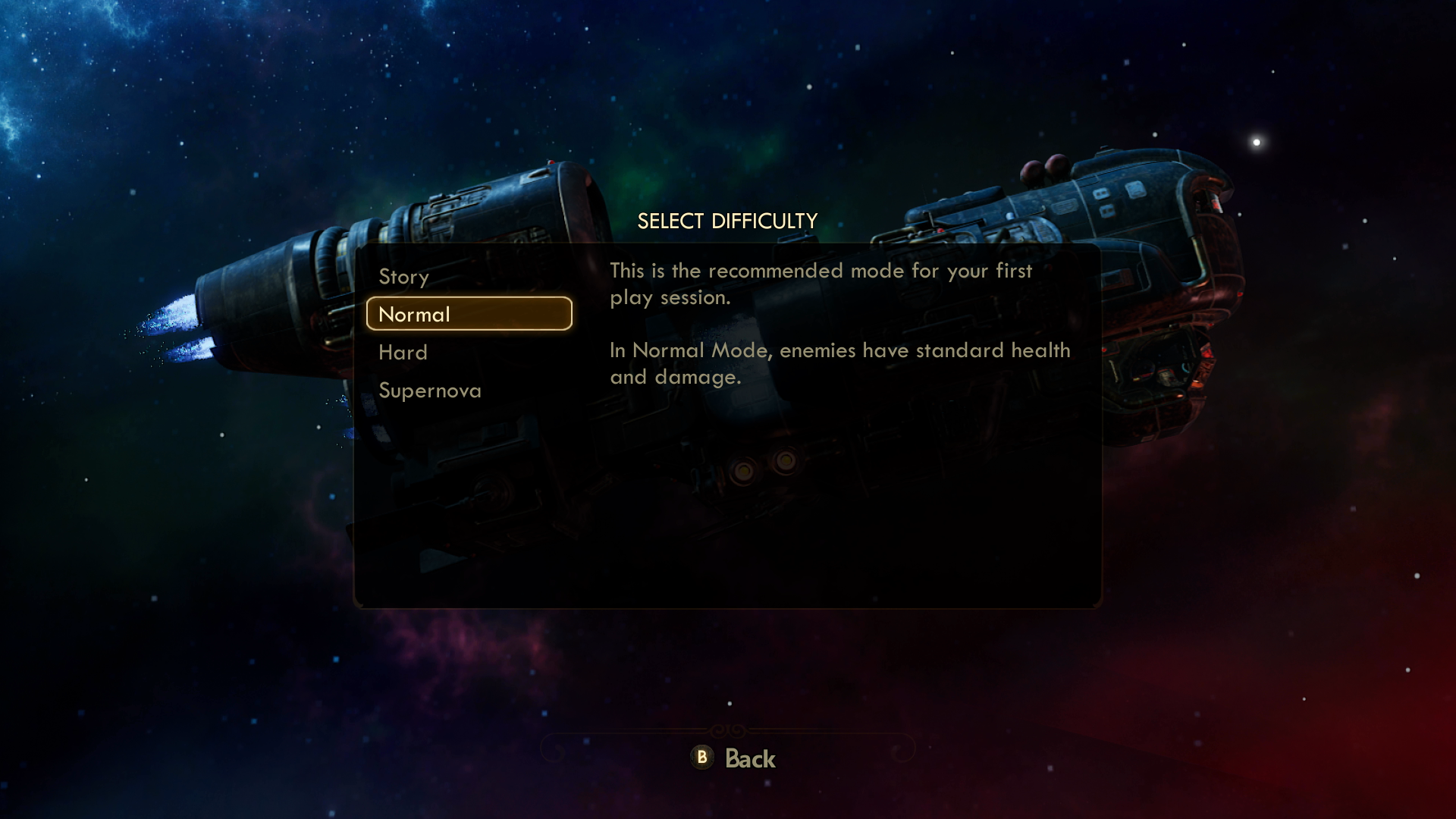 Snímek obrazovky z The Outer Worlds zobrazující obrazovku s výběrem obtížnosti s textem 