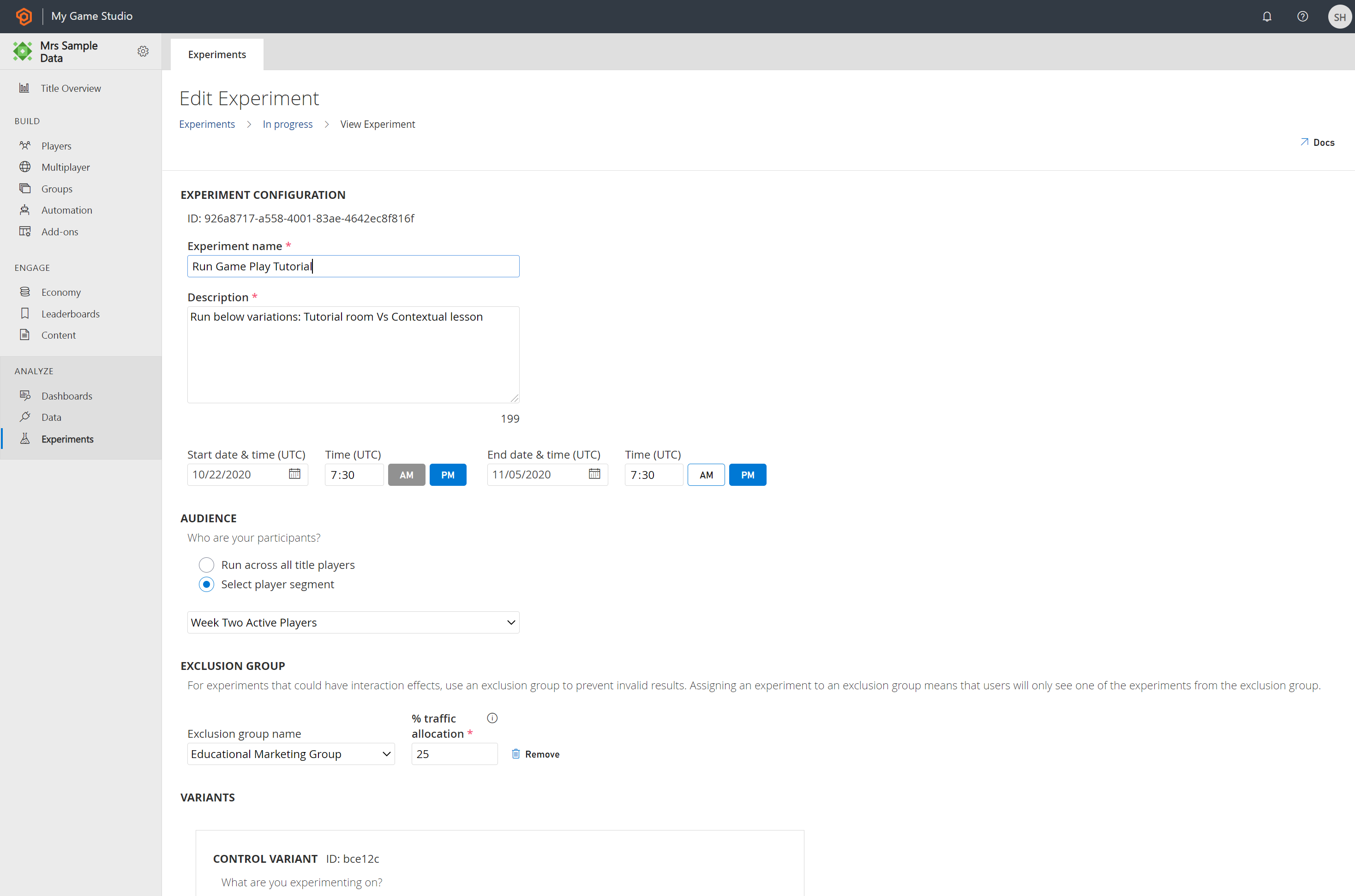 Screenshot of Create Experiment with Exclusion Group