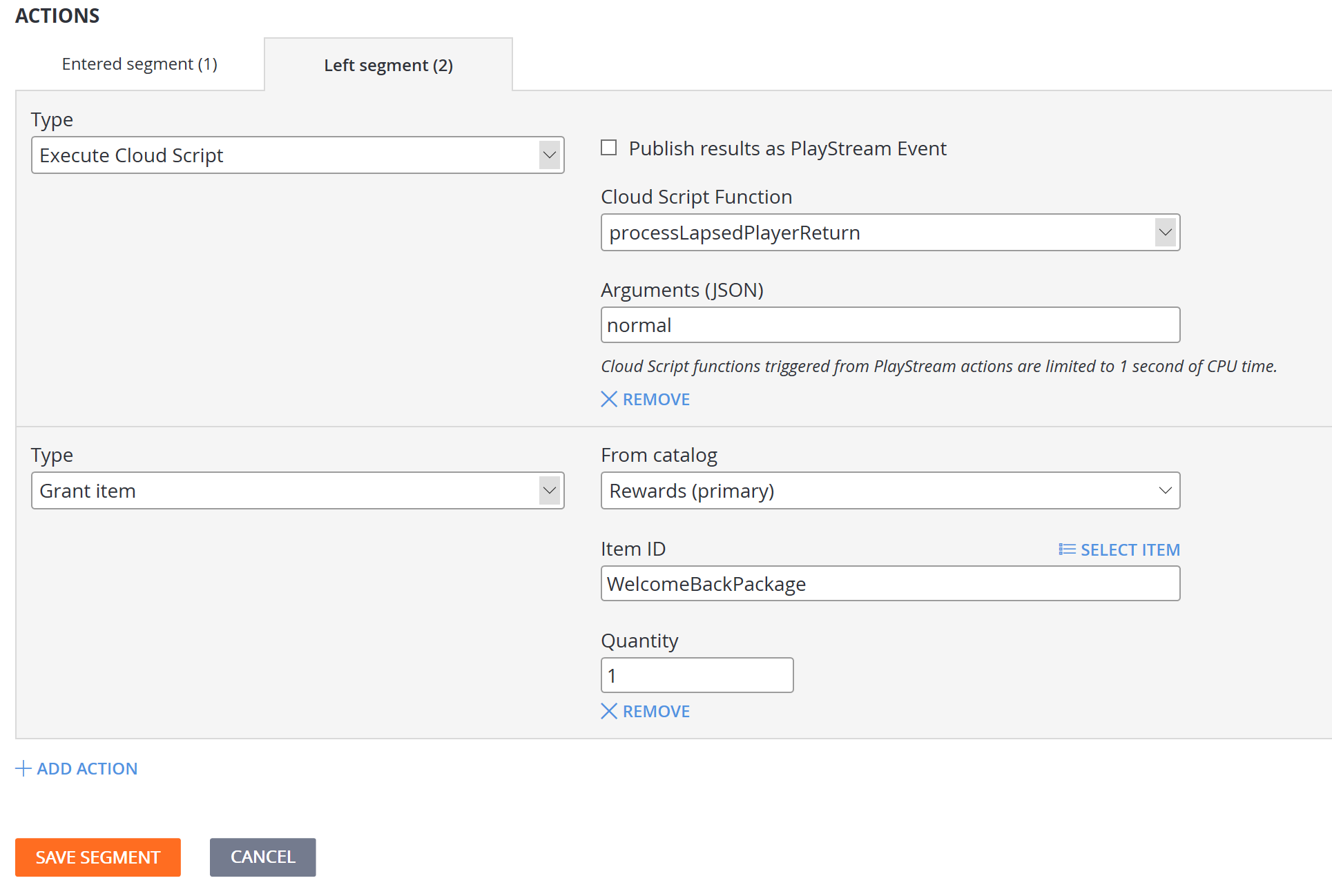 Game Manager - Players - Segment - Configure Action