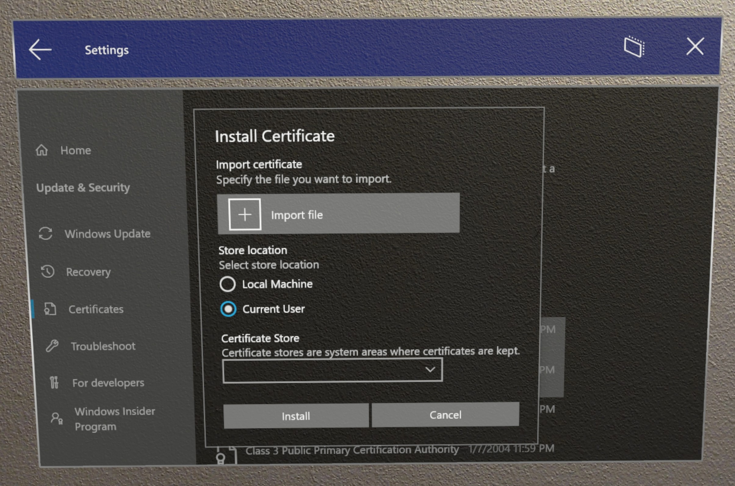 Obrázek ukazující, jak pomocí uživatelského rozhraní certifikátu nainstalovat certifikát v Nastavení.