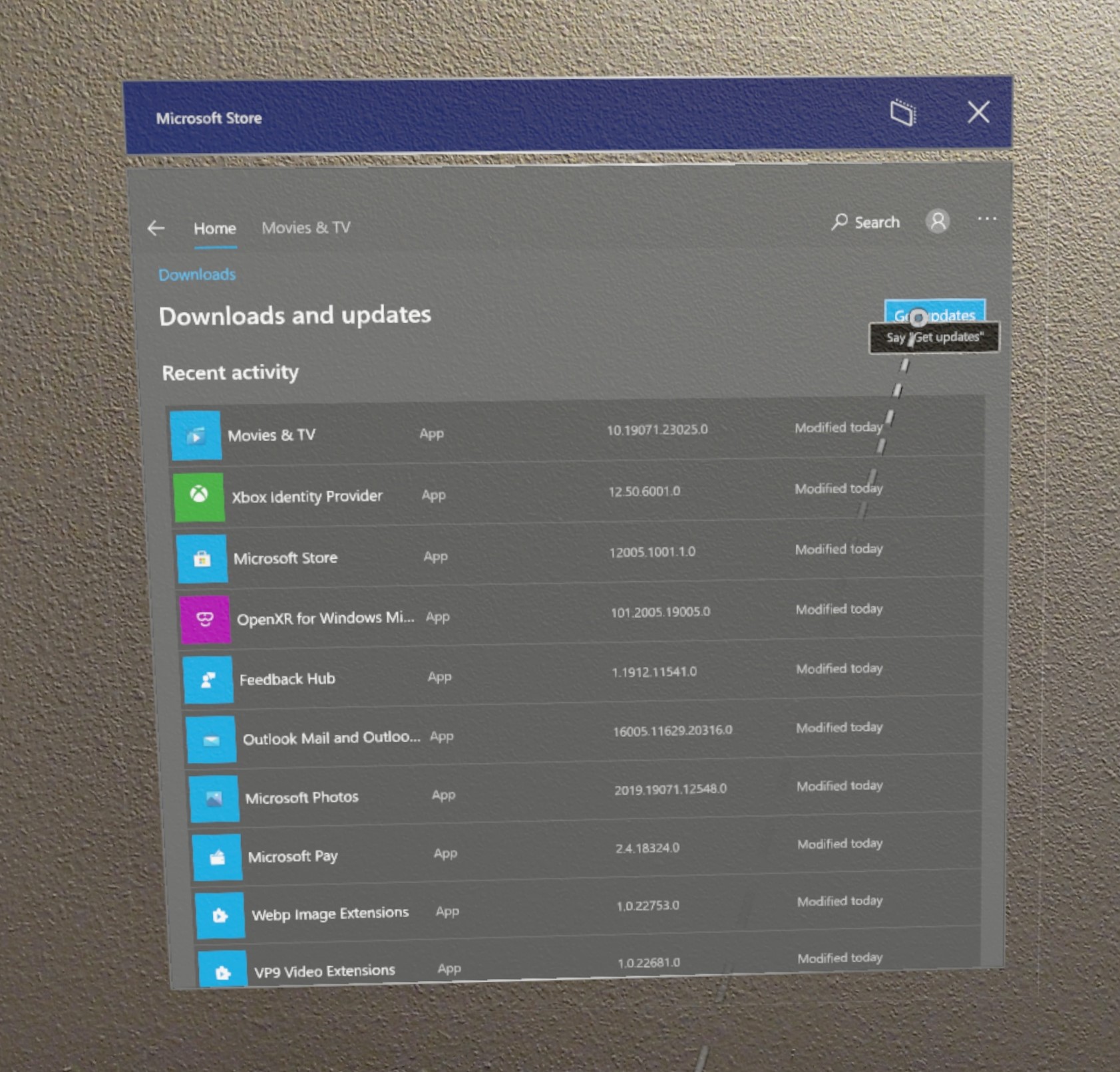 Snímek obrazovky aplikace Microsoft Store se získáním aktualizací