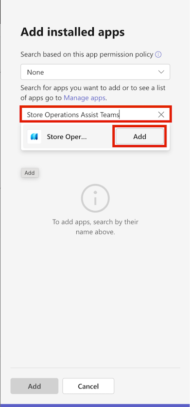 Screenshot aplikace Store Operations Assist Teams s tlačítkem Přidat.