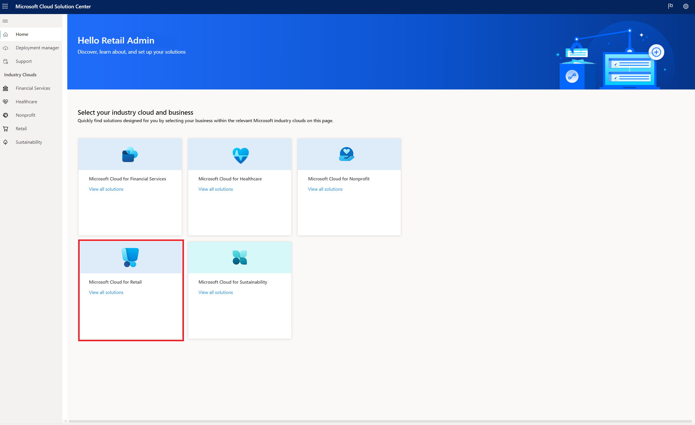 Obrázek zobrazuje Centrum řešení Microsoft Cloud.