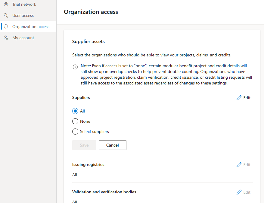 Snímek obrazovky Přístup k organizaci zobrazující změny přístupu mezi organizacemi.