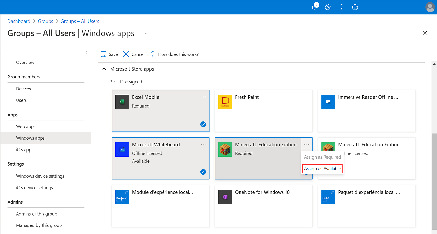 Snímek obrazovky Intune for Education * * skupiny-všichni uživatelé * * > * * aplikace Windows * * zvýrazní novou možnost * * přiřadit jako dostupnou * * pro vybranou aplikaci.