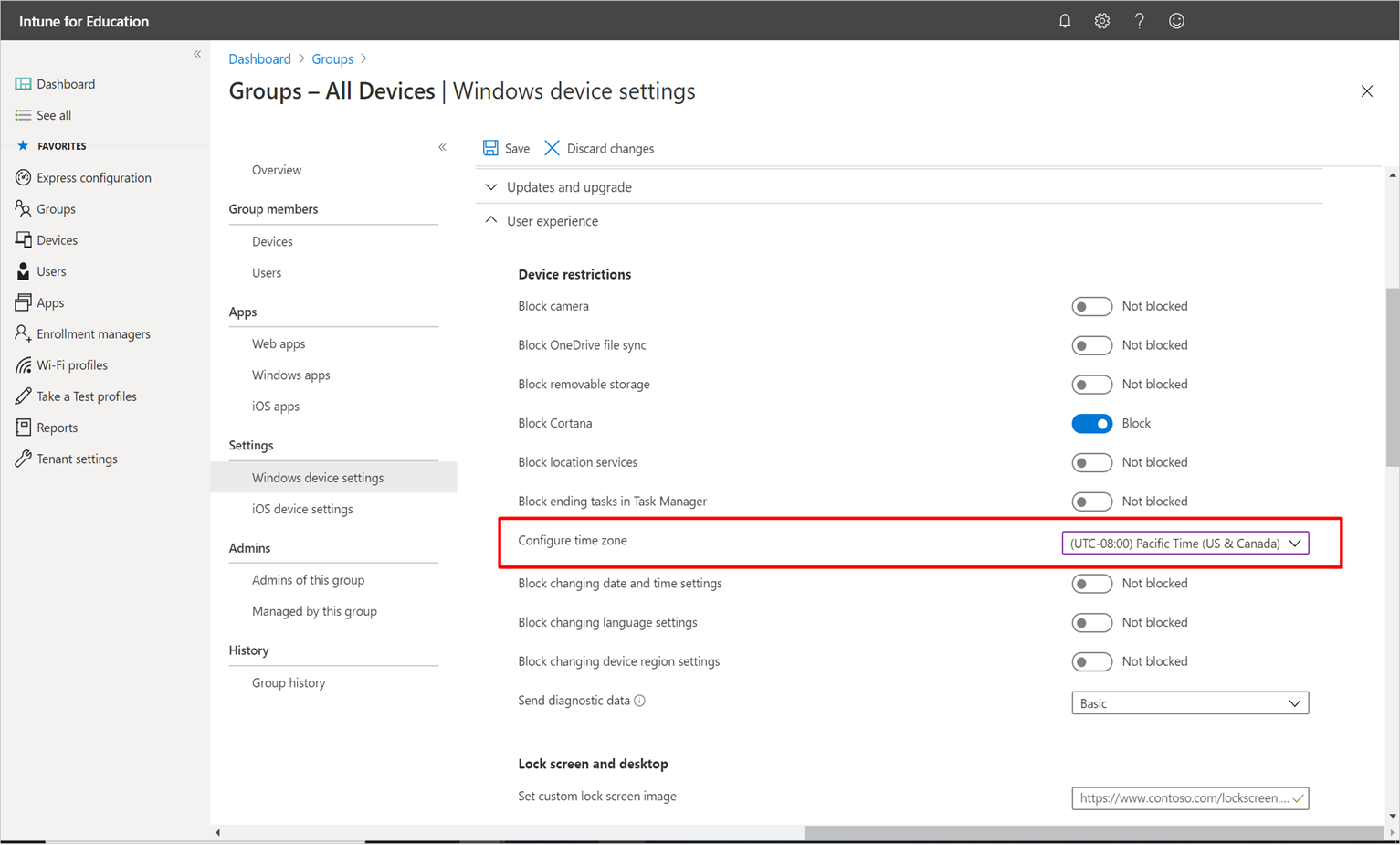 Snímek obrazovky > s nastavením zařízení s Windows a zvýrazněnou novou možností Konfigurovat časové pásmo