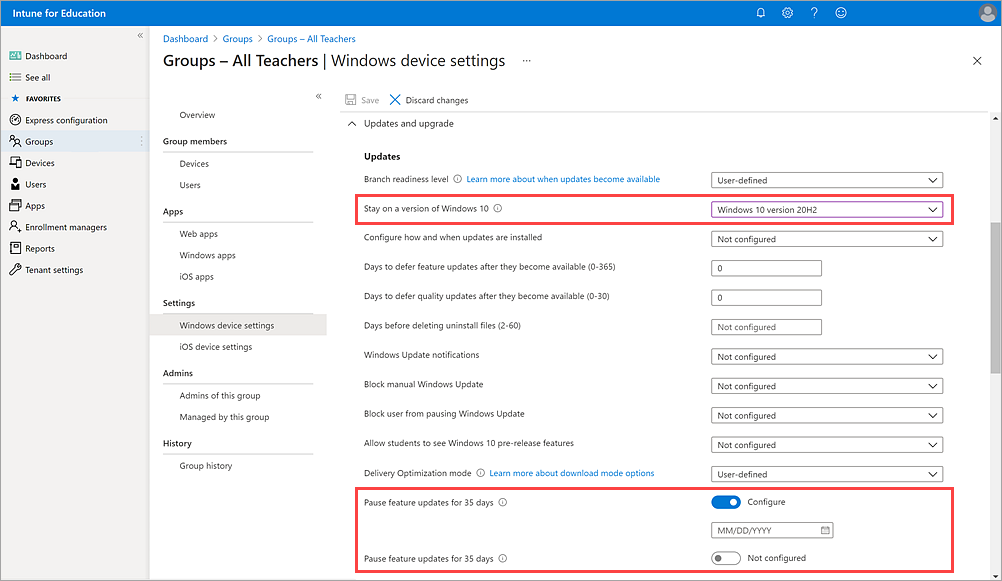 Obrazovka obrazovky Intune for Education nastavení zařízení s Windows zvýrazněním tří nových nastavení web Windows Update.