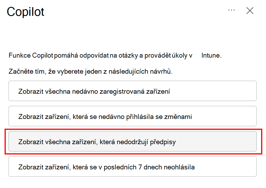 Snímek obrazovky znázorňující všechna nevyhovující zařízení v výzva Copilota v centru pro správu Microsoft Intune nebo Intune