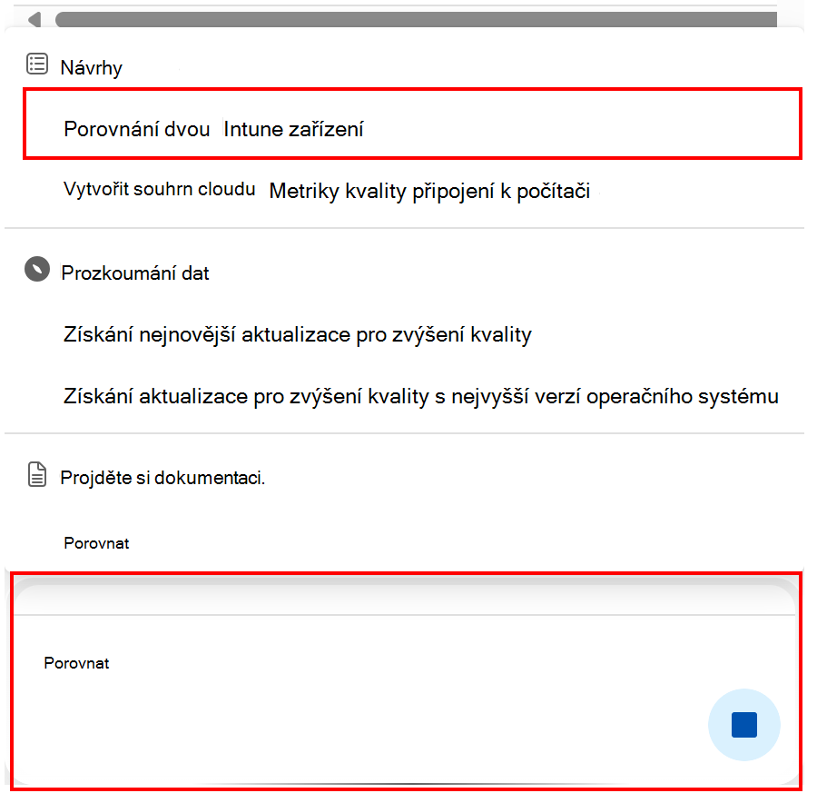 Snímek obrazovky znázorňující porovnání výzva Copilota zařízení Intune v centru pro správu Microsoft Intune nebo Intune