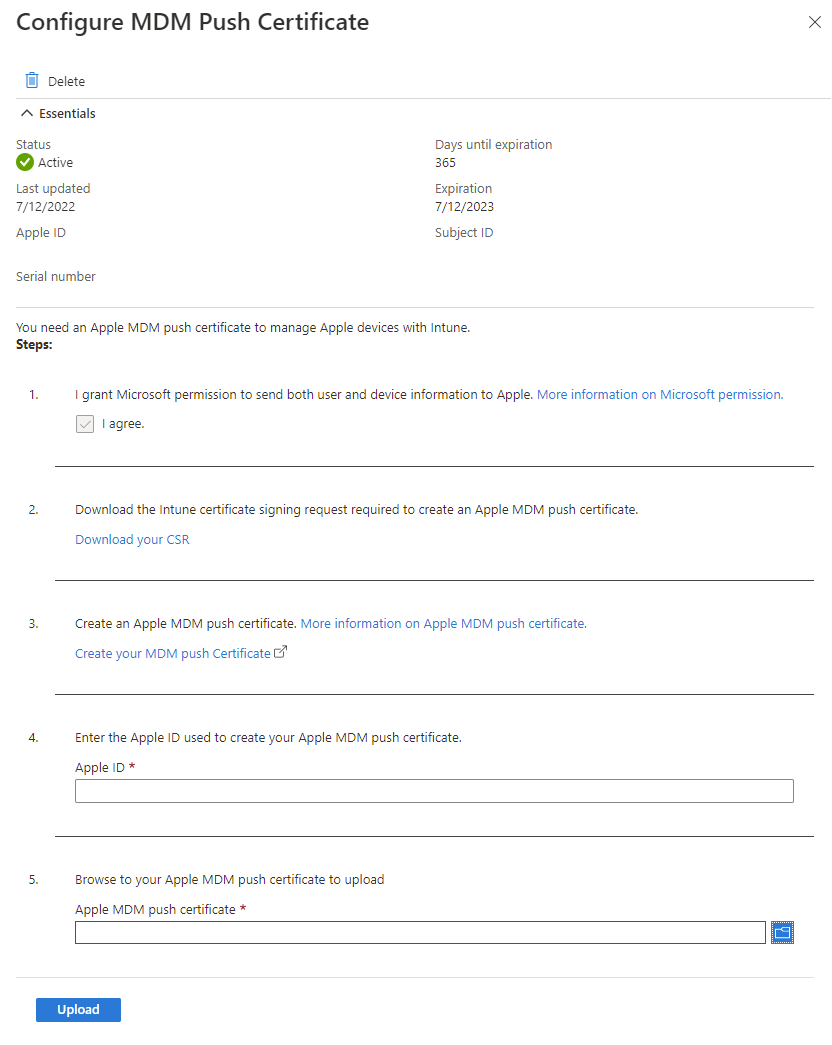 Snímek obrazovky Konfigurovat MDM Push Certificate s nenastavenou MDM Push