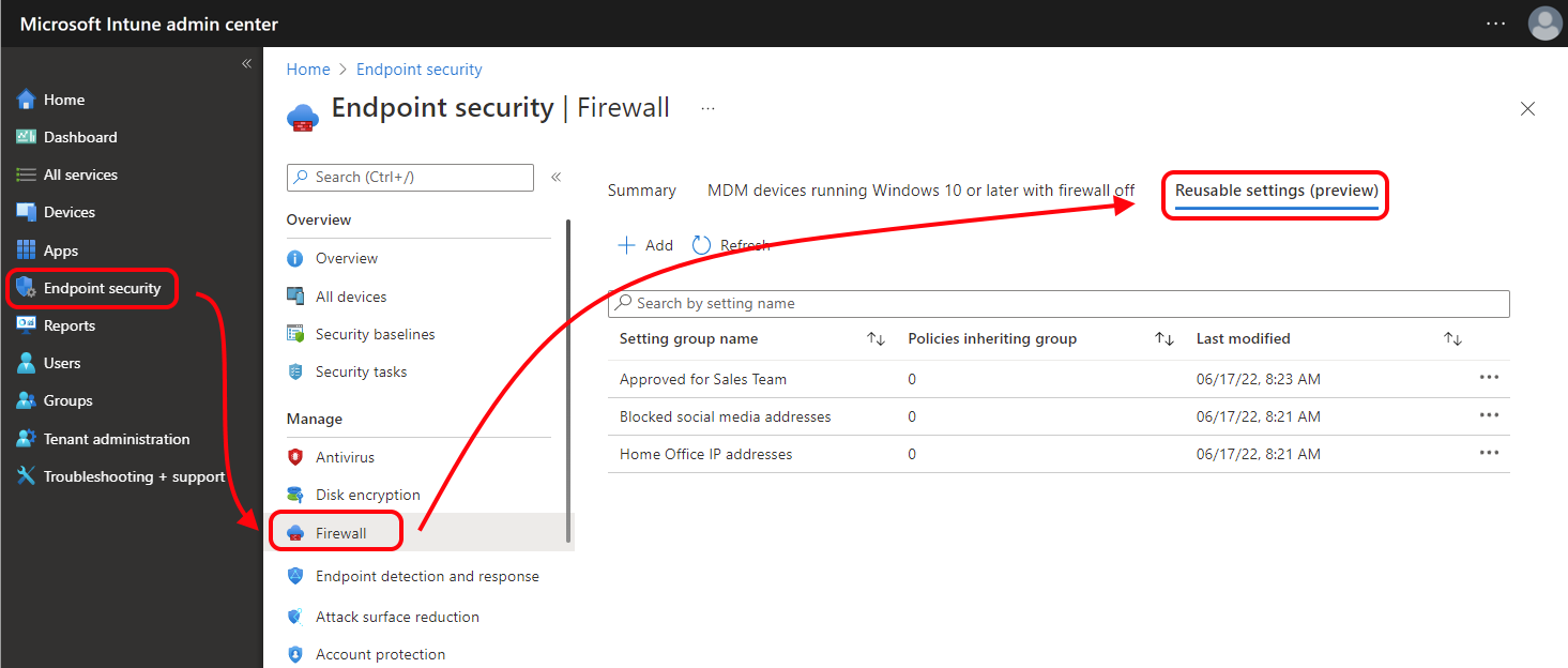 Snímek obrazovky znázorňující kartu Opakovaně použitelné nastavení pro zásady brány firewall v Centru pro správu Microsoft Intune