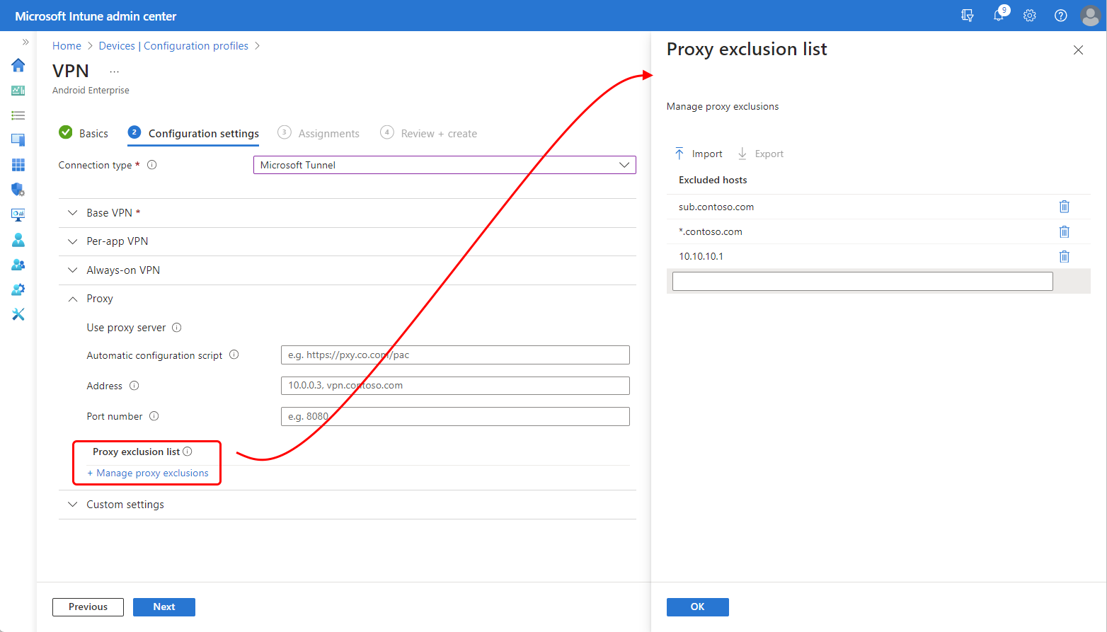 Snímek obrazovky s podoknem seznamu vyloučení proxy serveru v Centru pro správu Intune
