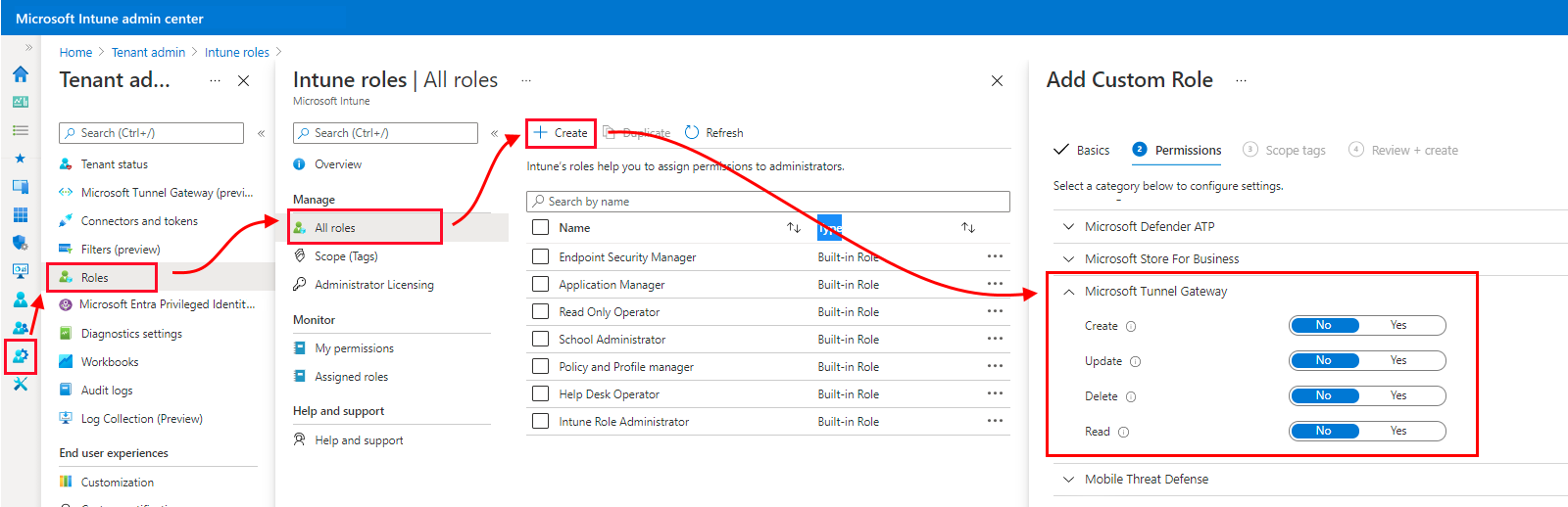 Snímek obrazovky s oprávněními brány tunelu v Centru pro správu Microsoft Intune