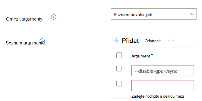 Snímek obrazovky uživatelského rozhraní pro konfiguraci argumentů příkazového řádku